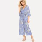 Shein Bell Sleeve Keyhole Back Self Belted Palazzo Jumpsuit