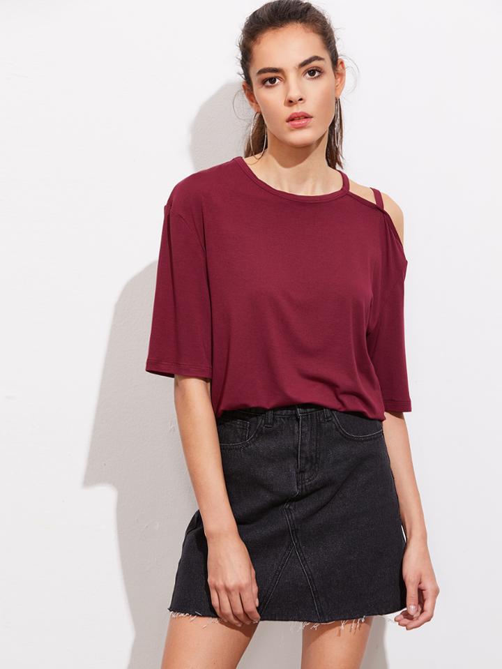 Shein Asymmetric Strappy Open Shoulder Stepped Hem Tee