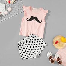 Shein Girls Mustache Print Ruffle Top & Dot Skirt Set