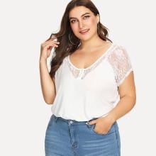 Shein Plus Floral Lace Shoulder T-shirt