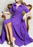 Rosewe Turndown Collar Half Sleeve Purple Maxi Dress