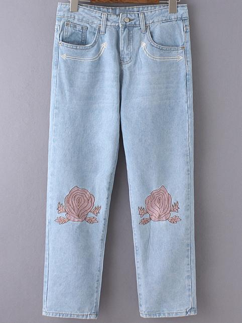 Shein Light Blue Pockets Embroidery Denim Pants