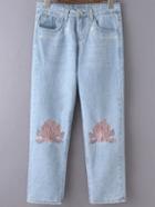 Shein Light Blue Pockets Embroidery Denim Pants