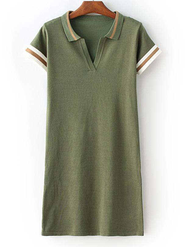 Shein Army Green Lapel Stripe Trim T-shirt