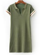 Shein Army Green Lapel Stripe Trim T-shirt