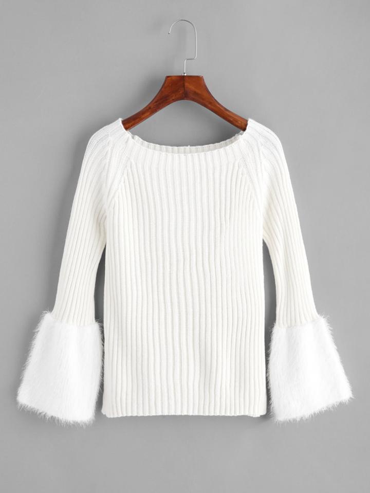 Shein Fur Cuff Ribbed Sweater
