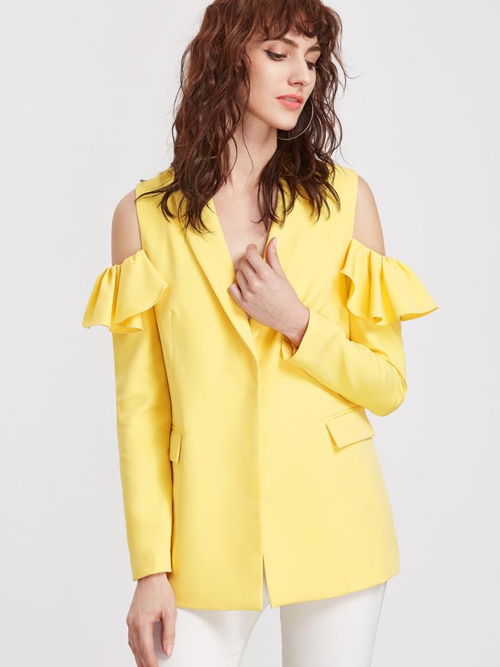 Shein Shawl Collar Frill Open Shoulder Hidden Button Blazer