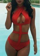 Rosewe Hollow Design Halter Neck Red Swimwear