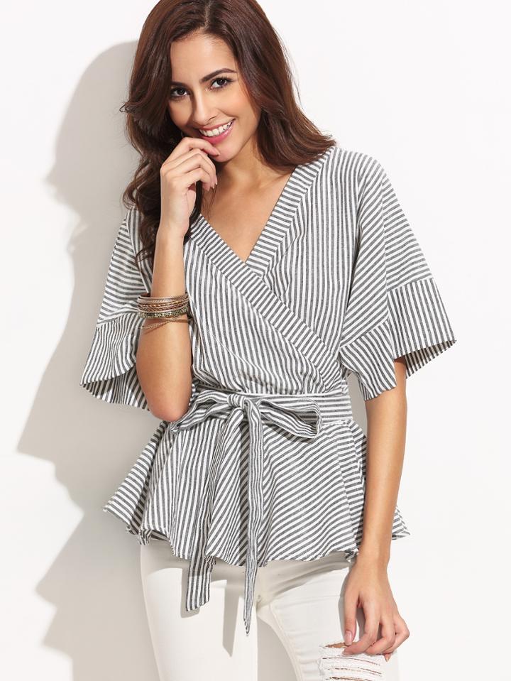 Shein Self-tie Stripe Wrapped Peplum Blouse