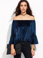 Shein Blue Off The Shoulder Bell Sleeve Velvet Blouse