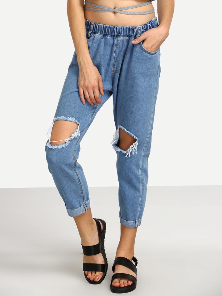 Shein Elastic Waist Ripped Denim Pants