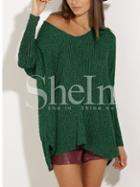 Shein Green Ribbed Dip Hem Loose Sweater
