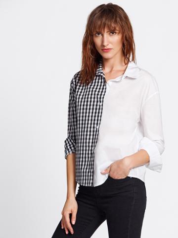 Shein Half And Half Plaid Contrast Shirt