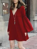 Shein Red V Neck Bell Sleeve Shift Dress