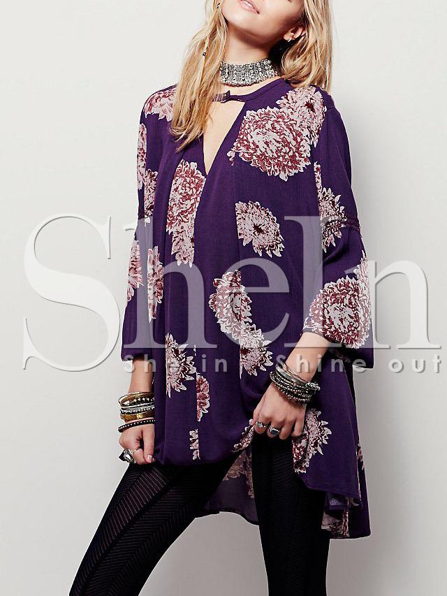 Shein Purple Front Cut Out Floral Tent Dress