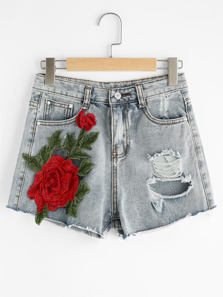 Shein Rose Appliques Ripped Raw Hem Denim Shorts