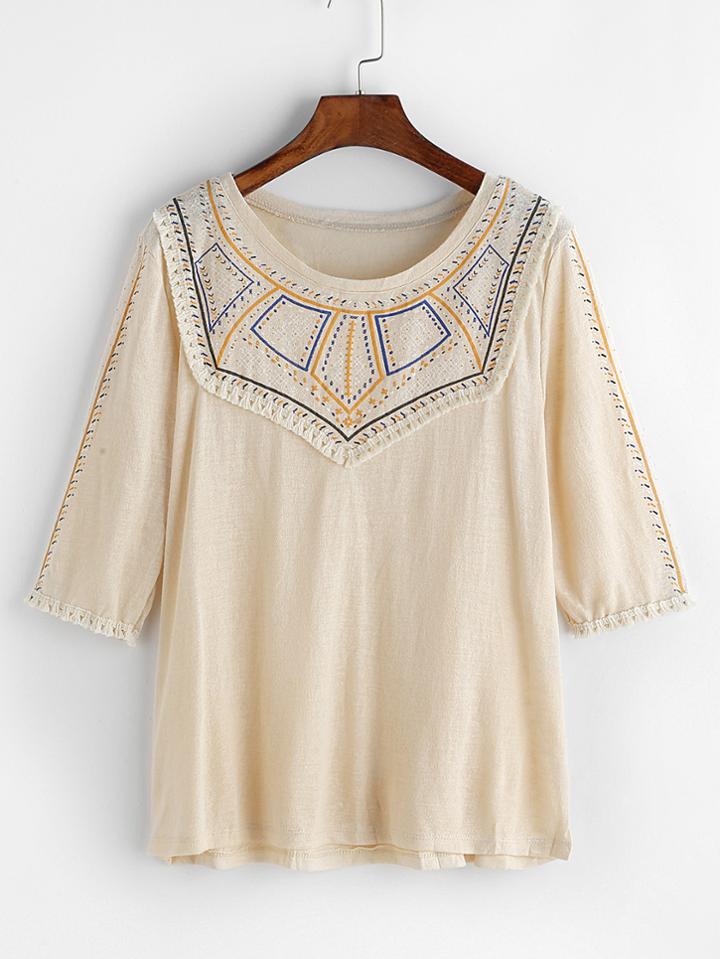Shein Apricot Vintage Print Fringe Trim T-shirt