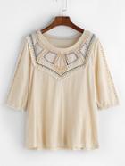 Shein Apricot Vintage Print Fringe Trim T-shirt
