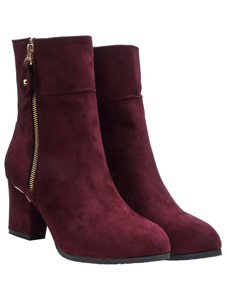 Shein Wine Red Chunky Heel Suede Mid-calf Boots