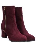 Shein Wine Red Chunky Heel Suede Mid-calf Boots