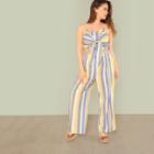 Shein Plus Vertical Stripe Knot Cami Top & Wide Leg Pants Set