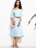 Shein Blue Off The Shoulder Button Front Top With A-line Skirt