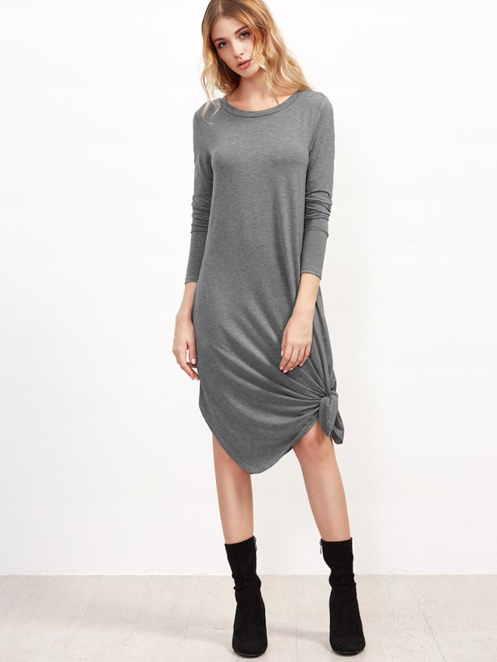 Shein Heather Grey Knotted Hem Tee Dress