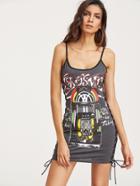 Shein Grey Printed Eyelet Lace Up Side Slip Dress
