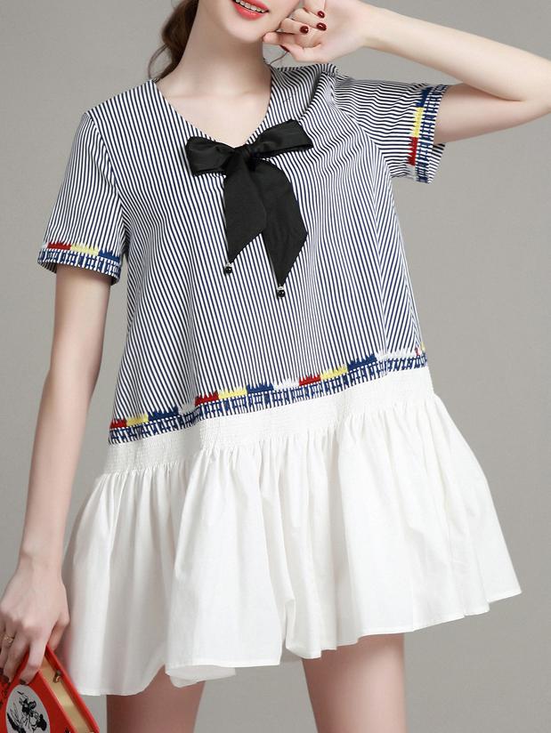 Shein White V Neck Bowknot Striped Dress