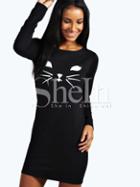 Shein Black Long Sleeve Pattern Print Bodycon Dress