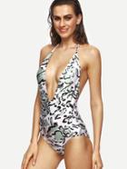 Shein Multicolor Abstract Print Plunge Neck One Piece Swimwear