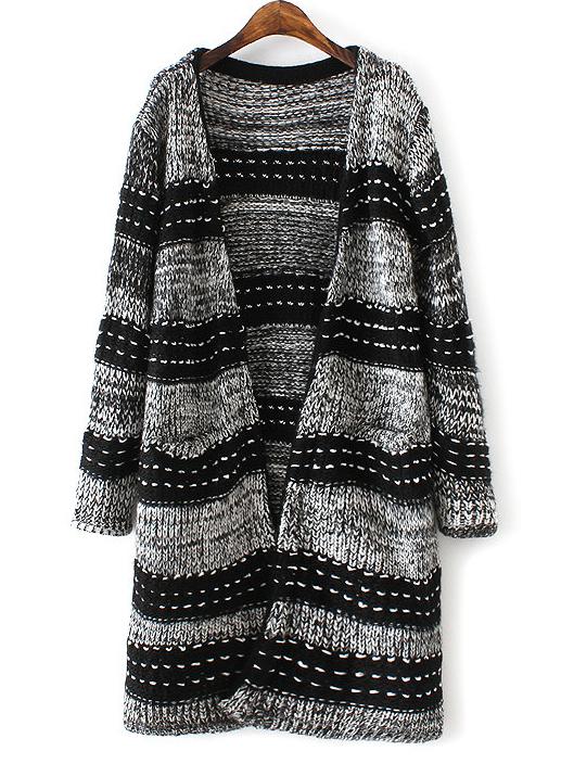 Shein Black Wide Striped Pockets Sweater Coat