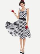 Shein Checkered Tie Shoulder Draped Detail Circle Dress