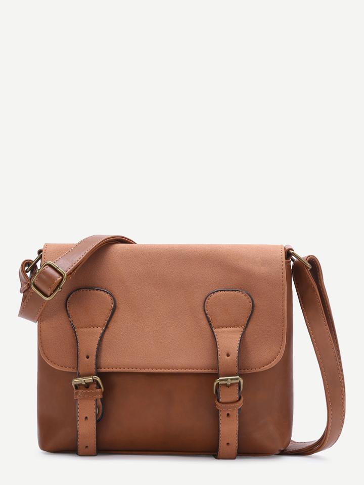 Shein Brown Double Buckle Pu Shoulder Bag