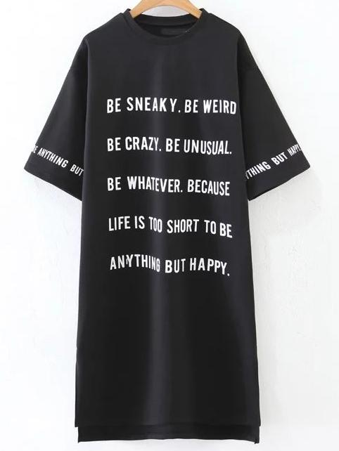 Shein Black Letter Print Crew Neck High Low Dress