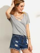 Shein Grey V Back Crisscross Short Sleeve T-shirt