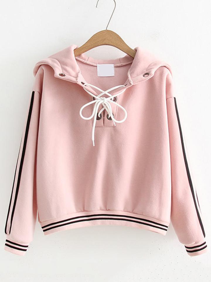 Shein Striped Trim Lace Up Hoodie