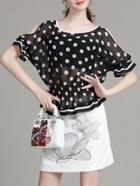Shein Black Polka Dot Sheer Top With Print Skirt