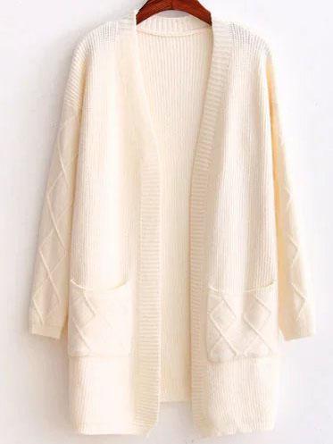 Shein Beige Diamond Pattern Ribbed Longline Sweater Coat