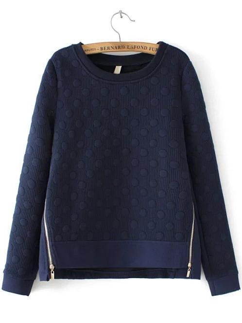 Shein Navy Round Neck Polka Dot Zipper Sweatshirt