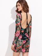 Shein Black Tied Scoop Back Embroidered Mesh Overlay Bodycon Dress