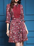 Shein Red Contrast Lace Floral Tie-waist Dress