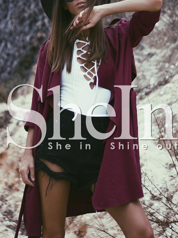 Shein Wine Red Long Sleeve Lapel Trench Coat