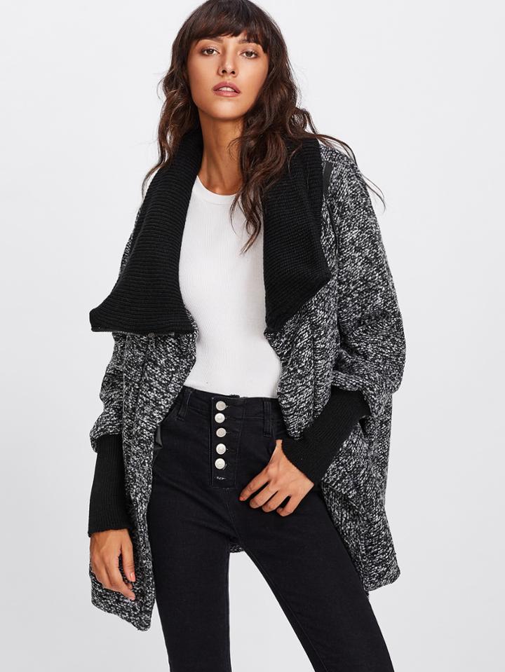 Shein Contrast Knit Collar & Cuff Tweed Coat