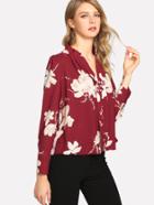 Shein Pleated Button Detail Floral Top