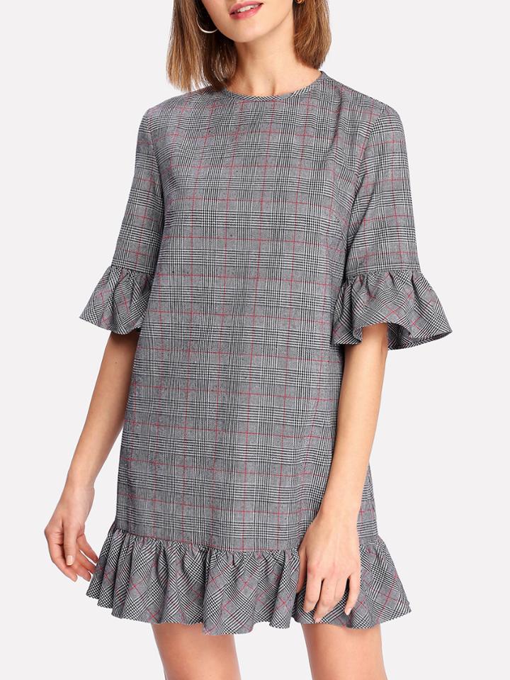 Shein Ruffle Cuff And Hem Plaid Dress