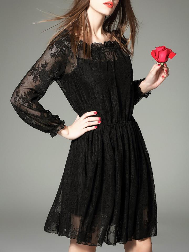 Shein Black Ruffle Elastic-waist Lace Dress
