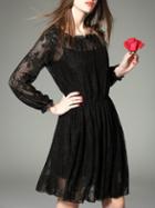 Shein Black Ruffle Elastic-waist Lace Dress