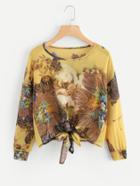 Shein Ornate Print Drop Shoulder Knot Chiffon Blouse