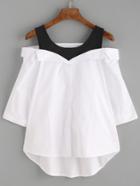 Shein White Contrast Open Shoulder High Low Blouse